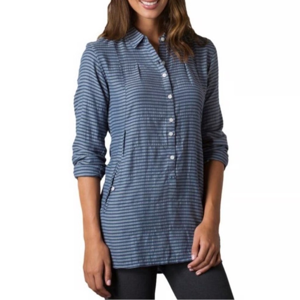 Toad&Co Mixologist Navy Grey Striped Button-Down Pocketed Tunic